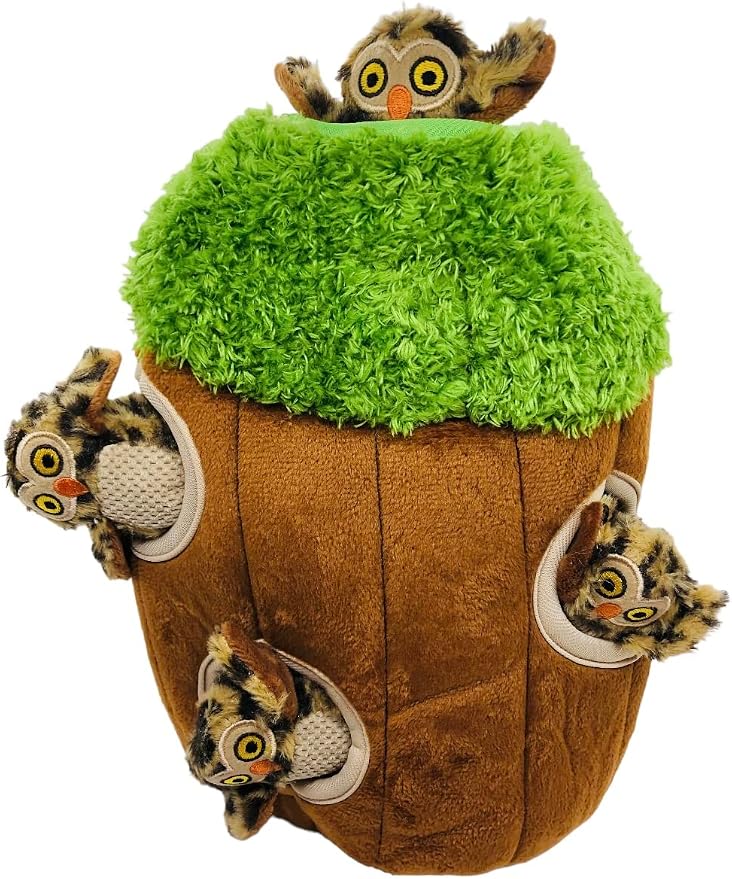 Glow Pups Hide and Seek Dog Toy Squeaky Plush Owl in Tree, Interactive Burrow, Promotes Mental Stimulation, Easy to Clean, Whimsical Green Design (Set of 4, Medium)