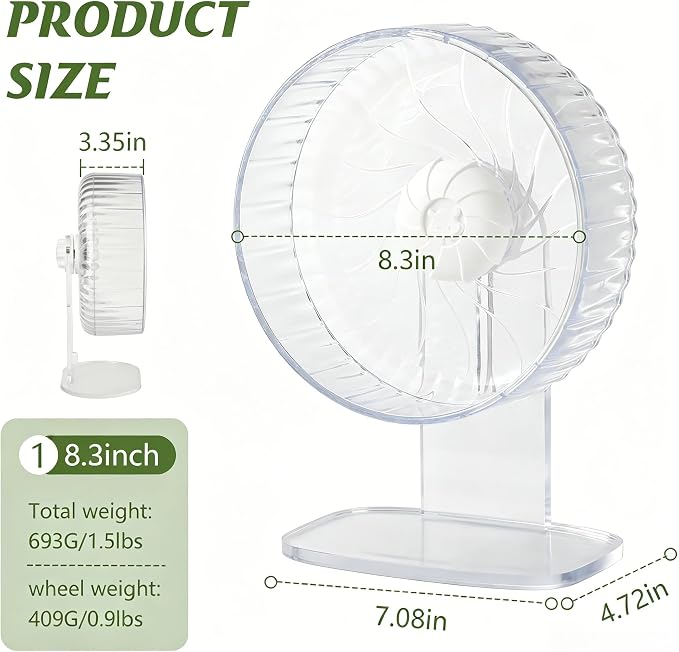 Silent Exercise Wheel with Adjustable Stand for Hamsters, Gerbils, Mice & Small Pets + Free Cleaning Cloth - 8.3" Diameter Running Wheel, Easy Clean, Anti-Slip Track (Transparent)