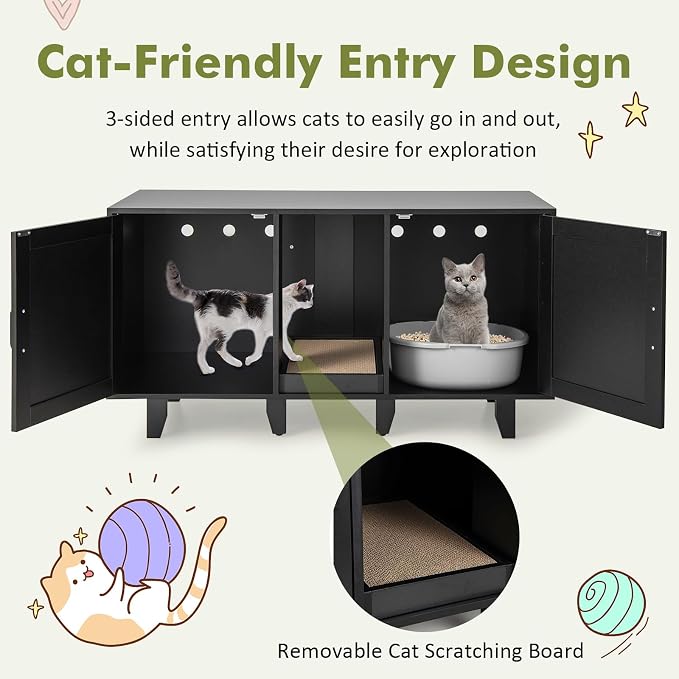 Tangkula Patented Double Cat Litter Box Enclosure for 2 Cats, Large Hidden Privacy Cat Washroom Cabinet with Scratching Board, Indoor Cat House TV Stand Side Table, Litter Box Furniture (Black)