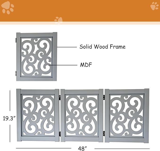 Ashfield & Harkness: 3-Panel Pet Gate - Scroll Grey - Wooden Foldable Freestanding Fence, Small Dogs & Puppy, 48 x 19.3, Indoor-Doorway-Halls-Stairs