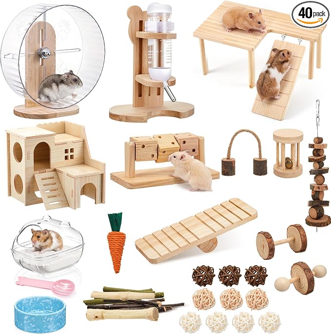 40 Pcs Hamster Cage Accessories, 9.5'' Exercise Wheel, Wood Platform Hideout House, Water Bottle, Sand Bath, Bowl, Chew Toys for Syrian Hamsters Mice Gerbils Habitat Decor(Interactive Style)