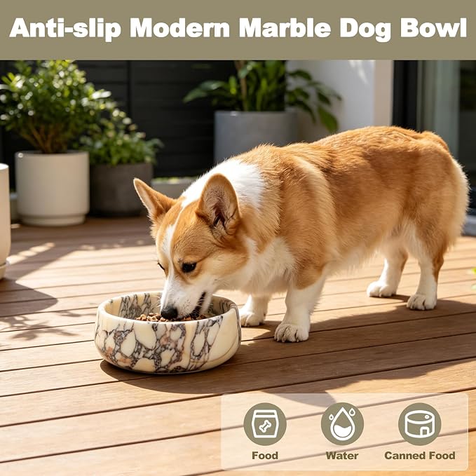 Karibiber Calacatta Marble Dog Bowl, 5lbs Weighted Dog Food Bowl, Non-Slip Large Heavy Water Bowls, Cute Purple Stone Food and Water Dish for Medium Dogs, Natural Marble, Easy to Clean, Holds 4 Cups