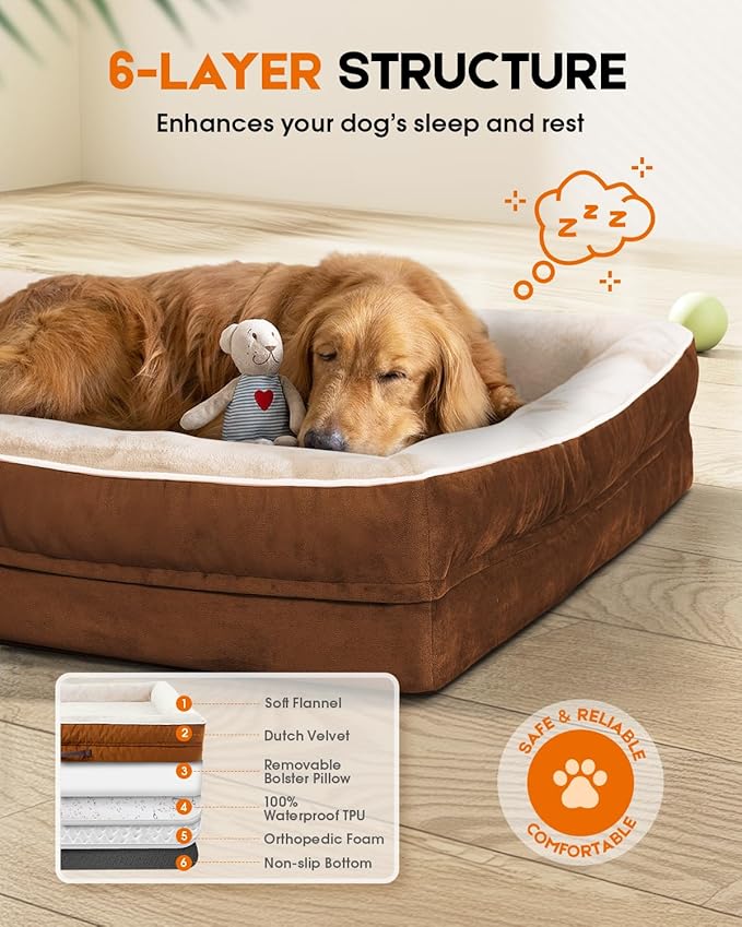 Upvilla Orthopedic Dog Bed, Four-Sided Cushioned Egg-Shaped Foam Dog Sofa, Waterproof Removable Cover, Cat Bed with Non-Slip Base, Small Pet Bed,Brown