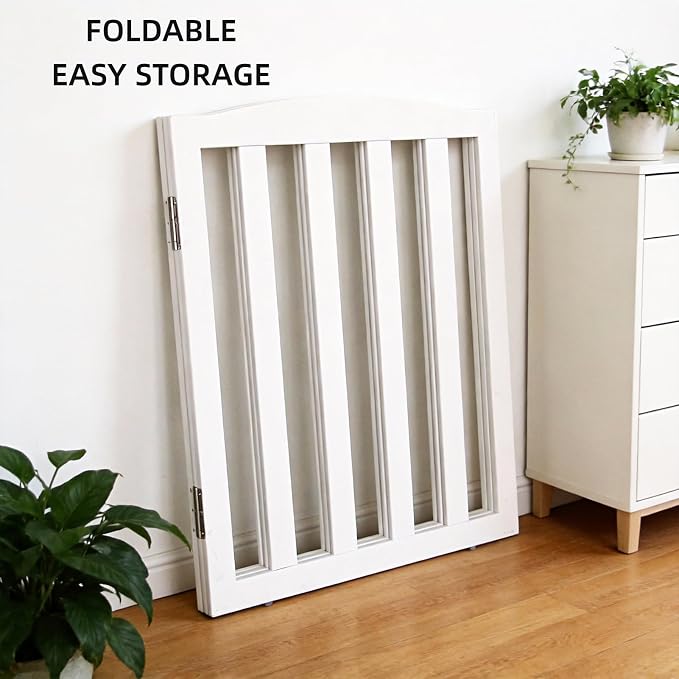 ZJSF Foldable Freestanding Indoor Dog Gate for House Wood White Long Pet Gates Dog Fence for Stairs Puppy Gates for Hallways,Pet Fence, Puppy Gate,Support Feet Included 32 "Height-3 Panels