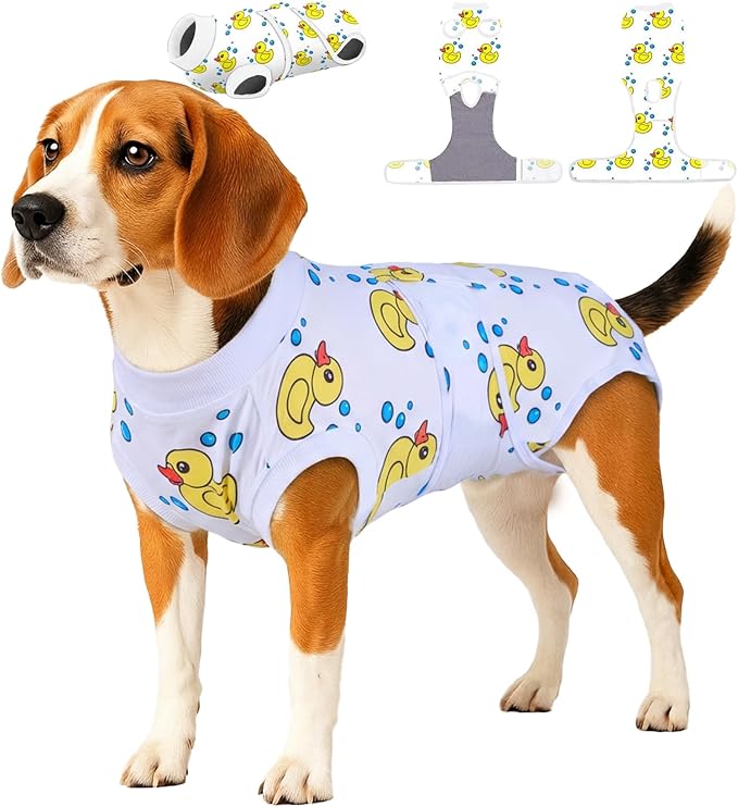 PetWarm Dog Onesie After Spay, Recovery Suit for Female Male Dogs Bodysuit for Abdominal Affected Areas Sensitive Skin Areas Substitute E-Collar and Cone, Dog Bodysuit, Duck Pattern, White, S