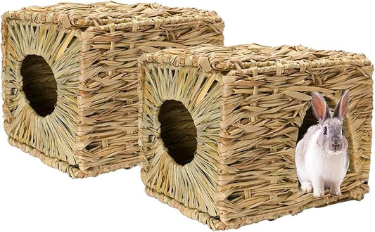 Tfwadmx Rabbit Grass House 2PCS, Extra Large - Natural Hand Woven Seagrass Play Hay Bed, Hideaway Hut Toy for Bunny Hamster Guinea Pig Chinchilla Ferret