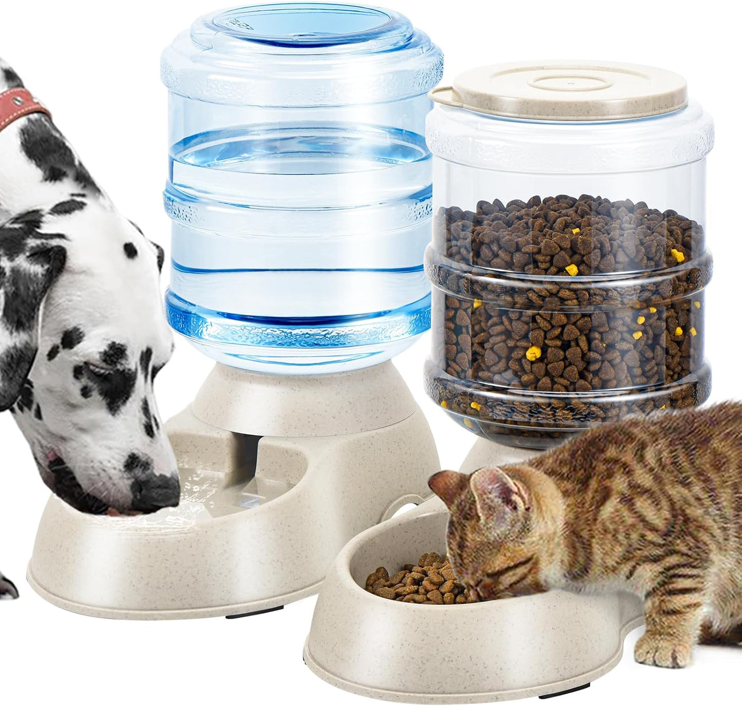 2 Pack Automatic Cat Feeder and Water Dispenser in Set Pet Food Bowl for Small Medium Dog Pets Puppy Kitten Big Capacity 1 Gallon x 2 (Cream)