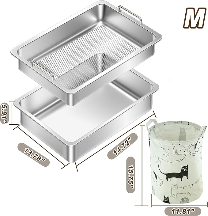 Stainless Steel Sifting Cat Litter Box for Clumping Clay Litter,Large Metal Litter Box with Litter Bag,Sifting Tray and Handle for Easy Lifting, Odor Control (17.7"x13.7"x5.9")