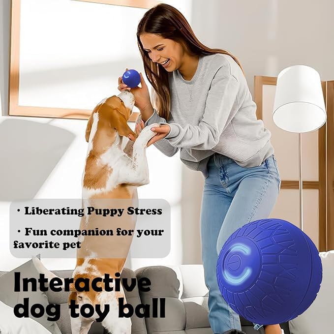 Interactive Duraspin Dog Ball, Self-Bouncing Vibrating & Auto-Rolling, Auto Stop Touch Start Jumping Ball Toy for Medium/Large Dogs (S, Blue)
