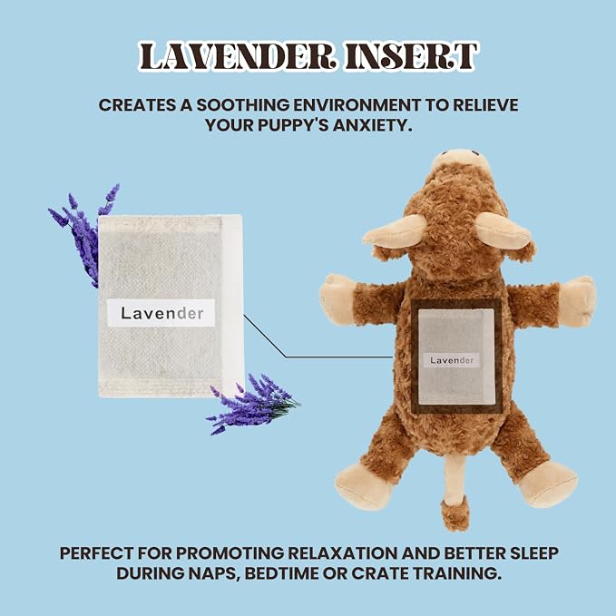 Cow - Puppy Heartbeat Toy for Anxiety Relief with Reusable Heat Pack and Lavender, Sleep Aid for Dogs, Plush Comfort Toy for All Breads (Cow Kit)