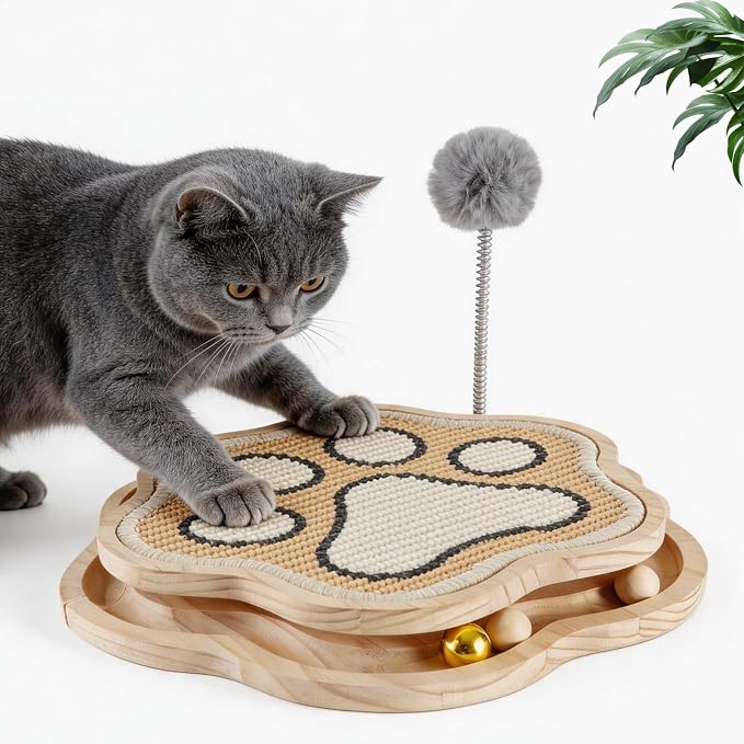 Cat Scratcher Natural Sisal 3 in1 Paw Shape Pad with Interactive Bell Ball Track and Spring Furball, Kitty Toy for Indoor Kittens & Adult Cats, Chasing Hunting Fun for Physical & Mental Exercise