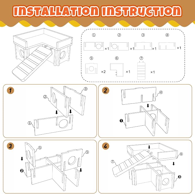 Hamster Cage Accessories & Habitat Set, Wooden 3 Room Maze House, Adjustable Silent Wheel, Water Bottle Set, Log Tunnel Tube & Chew Toys, 19 Pcs Complete Kit for Dwarf Hamster Gerbil Mouse