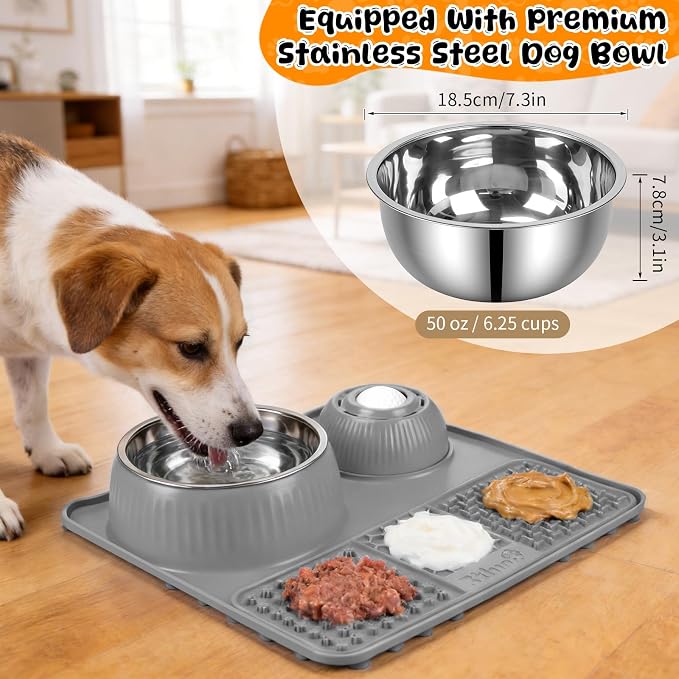 Dog Lick Bowl with Rolling Ball for Liquid and Thick Treat—3 in 1 Slow Feeder Dog Bowls+Lick Mat+50oz Stainless Steel Food Bowl,Anti-Slip 5/6 Cup Licking Toy for Medium Large Dogs and Cats Grey