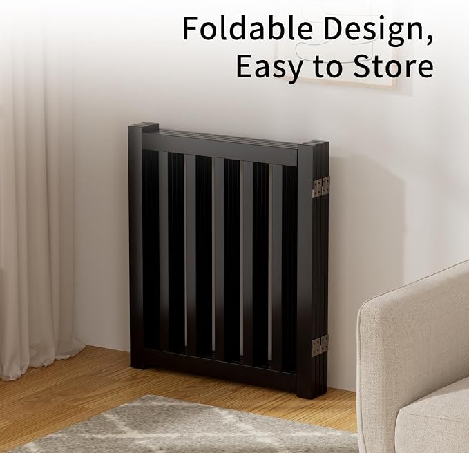 4-Panel Solid Wood Dog Gate - Freestanding Folding Pet Gate for Doorways, Stairs, Indoor, 24" Height, No Installation Needed, Black