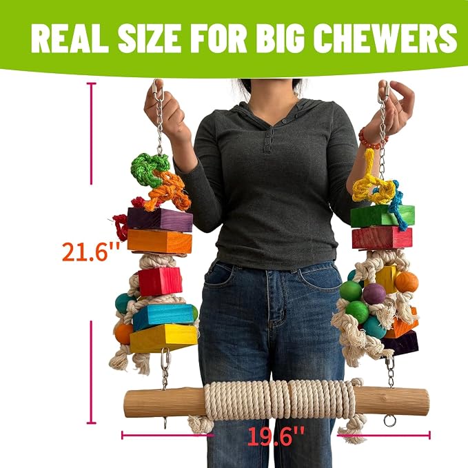 4lb Heavy Duty Bird Toys for Large Parrots - 21.6" Giant Refillable Parrot Toy Swing for Macaws & Cockatoos, Large Natural Wooden Block Chew & Shredding Toy,Beak Health