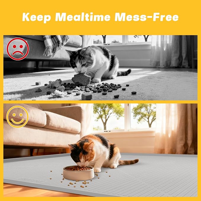 Lorvain 45" x 30" Cat Food Mat, Extra Large Silicone Pet Feeding Mat with Raised Edges, Pet Placemat for Cat Dog Food and Water Bowl Waterproof, Non-Slip, Easy to Clean, Floor Protection, Grey