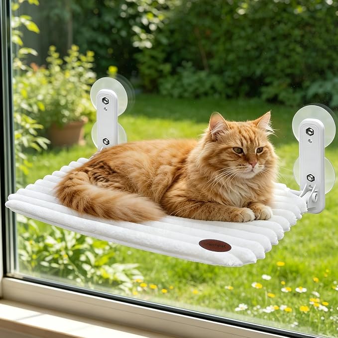 Woochpet Cat Window Perch Bed,Foldable Kitty Windowsill Hammock Shelf Seat,Kitten Window Sill Lounger with Soft Rabbit Fur Cover Cushion Machine Washable,Solid Metal Frame and Strong Suction Cups