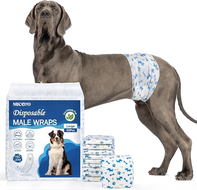 MICOOYO Dog Diapers Male Disposable Super Absorbent Male Dog Wraps Lighter Dogs Diaper Leakproof Puppy Diapers Doggie Diaper with Wetness Indicator (L, 20Counts)