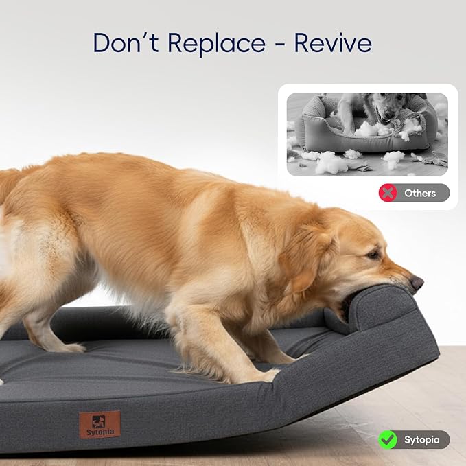 Sytopia Indestructible Chew Proof Orthopedic Sofa Dog Bed for Extra Large Dogs 42x30 Inch, XL Waterproof Foam Pet Couch Bed with Sides, Egg Crate Foam Dog Bed with Washable Removable Cover, Dark Grey