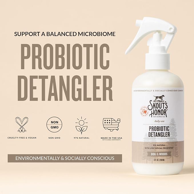 Skout's Honor Probiotic Pet Detangler Spray - Hydrating & Conditioning with Avocado Oil, 97% Natural, Paraben & Sulfate-Free, softens for a brushable Coat, Daily Use, 8oz, Dog of the Woods, 2-Pack
