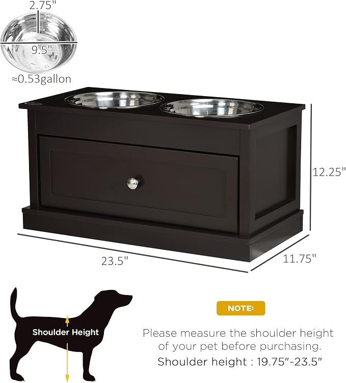 PawHut Large Elevated Dog Bowls with Storage Drawer - 11L Capacity, Raised Dog Bowl Stand Feeding Station, Brown