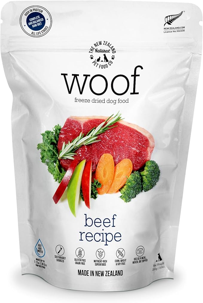 The New Zealand Natural Pet Food Co. WOOF Freeze Dried Dog Food - Beef Recipe, High Protein, Use as a Complete Diet, Dog Food Topper, Mixer, or as Dog Treats, All Life Stages - 9.9 Ounce (Pack of 1)