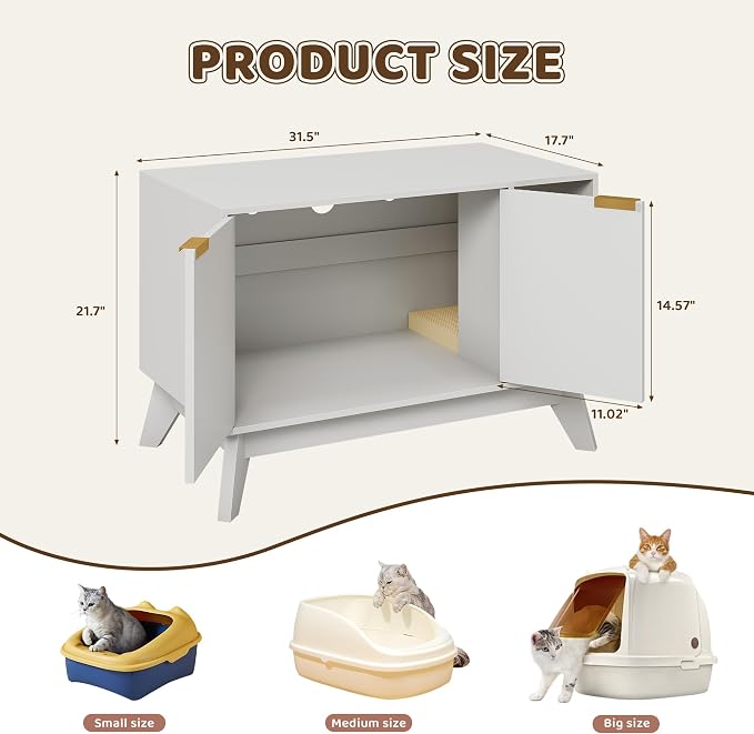 Cat Litter Box Enclosure Hidden Litter Box Furniture with Scratch Pad Cat House Wooden Cat Washroom Cabinet 2-in-1 for Living Room,Hallway,White