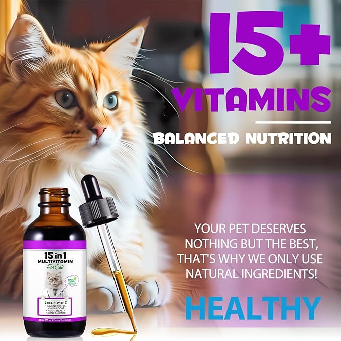 VOSIFSDIY Cat Multivitamin,15 in 1 Cat Vitamins Liquid Drops Supplements for Heart Health, Bones, Joint, Skin & Coat, Bladder, Immune System Support 60ml-2pcs