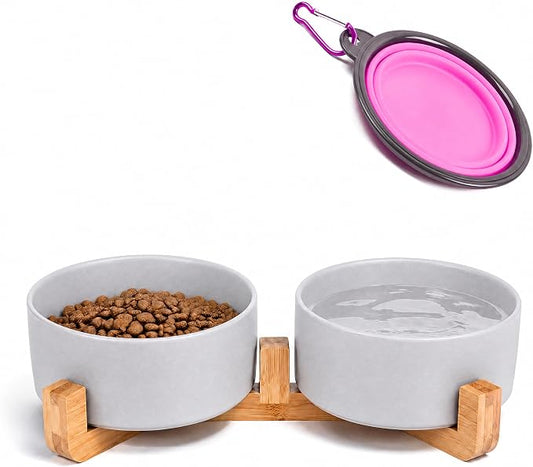 Petygooing Ceramic Dog Bowl Set with Wood Stand, Grey, 13.5OZ/5.1 in, Suitable for Cats & Small Dogs