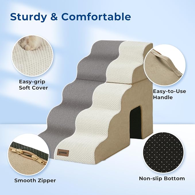 ZOMISIA Dog Ramp for Large Dogs - 24"H 5-Step Pet Stairs for High Beds with Tunnel, 2-in-1 Design with Zippers, Suitable for Indoor Cat Ladders with Non-Slip Bottom, Beige