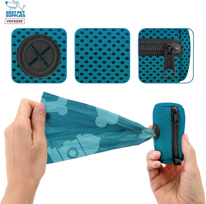 Best Pet Supplies Dog Poop Bag Holder Leash Attachment with 15 Bags, Turquoise, Reusable Mesh Dispenser Pouch for Travel, Walking, Park, and Outdoor Use, Soft and Durable with Clip-On