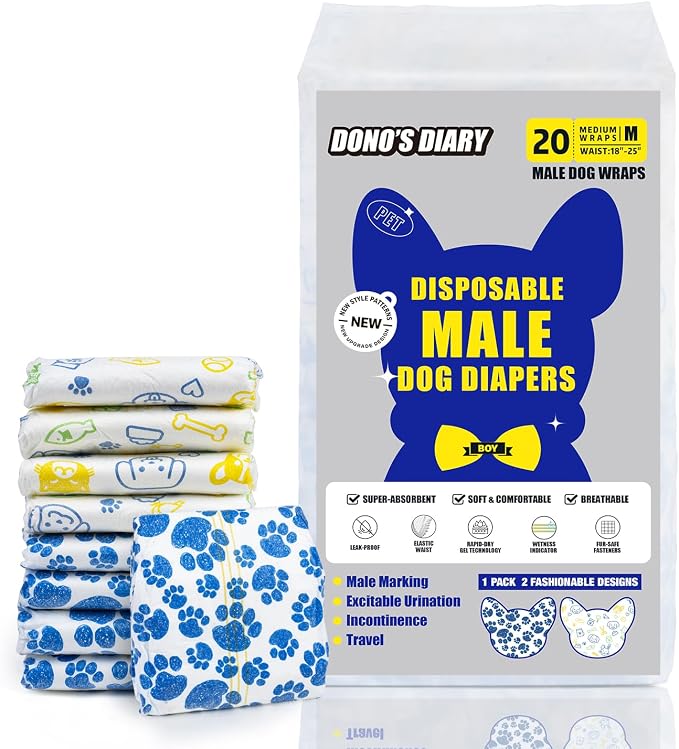 Dono Dog Diapers Male Disposable Male Dog Wraps 60ct Doggie Diapers Wetness Indicator Leak-Proof Dog Belly Wraps, Rapid-Dry Gel Technology Puppy Diapers for Excitable Urination Incontinence, Medium