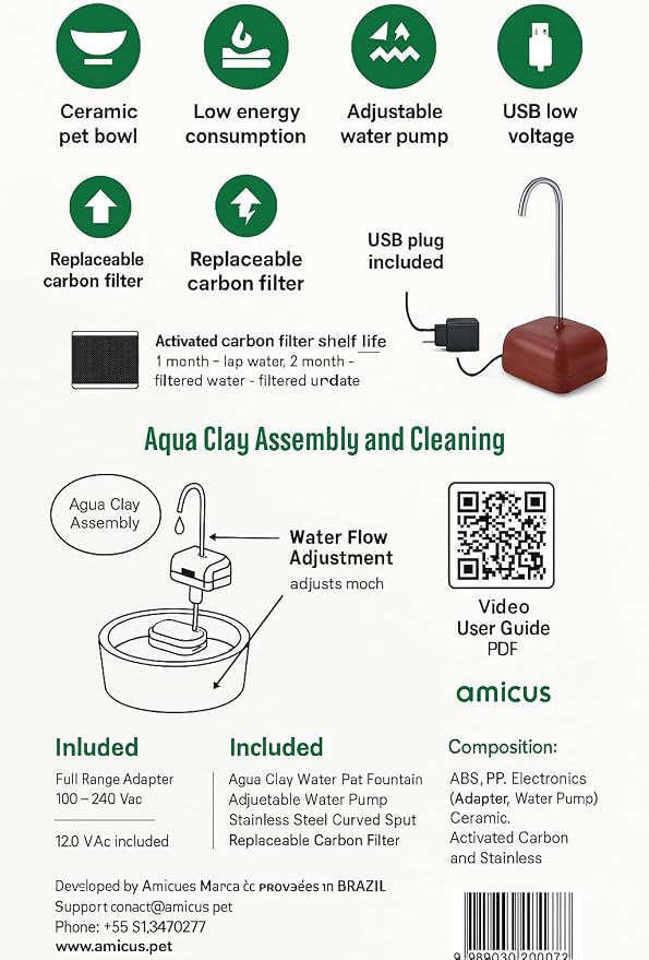 AMICUS - Aqua Clay Basic -Cat Water Fountain - Dogs&Cats&Pets&Small Animals Automatic Bowl Dispenser - Pet Drinking Waterer Bowls Indoor - Auto Kitty Watering Dish Supplies- 84.53 fl oz/ 2.5L
