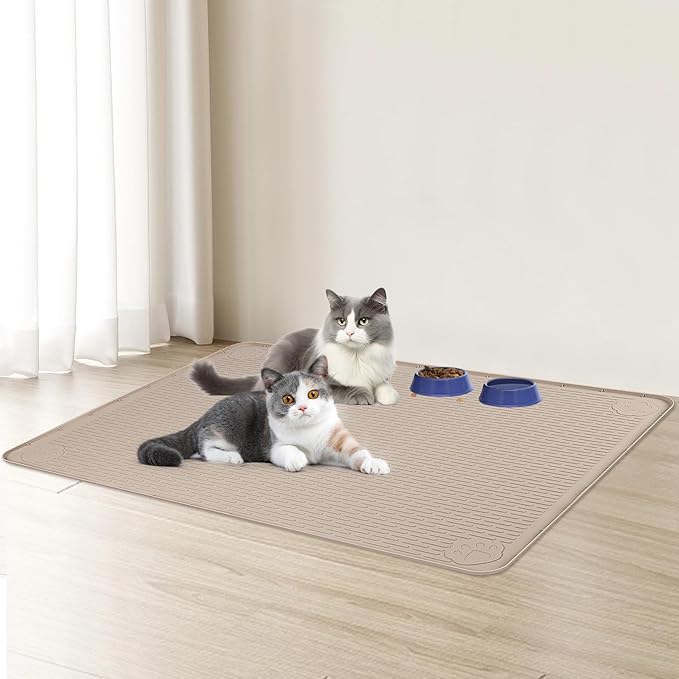 Cat Food Mat, 40" x 28" Cat Litter Mat Extra Large Silicone Pet Feeding Mat with Raised Edge Pet Placemat for Food and Water Bowl Non-Slip, Easy to Clean, Floor Protection (Khaki)