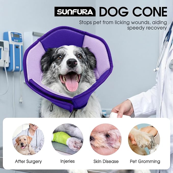 Dog Cone - Soft Cone for Dogs to Stop Licking, Pet E-Collar Alternative After Surgery, Adjustable Pet Recovery Collar for Wound Healing, Purple Medium