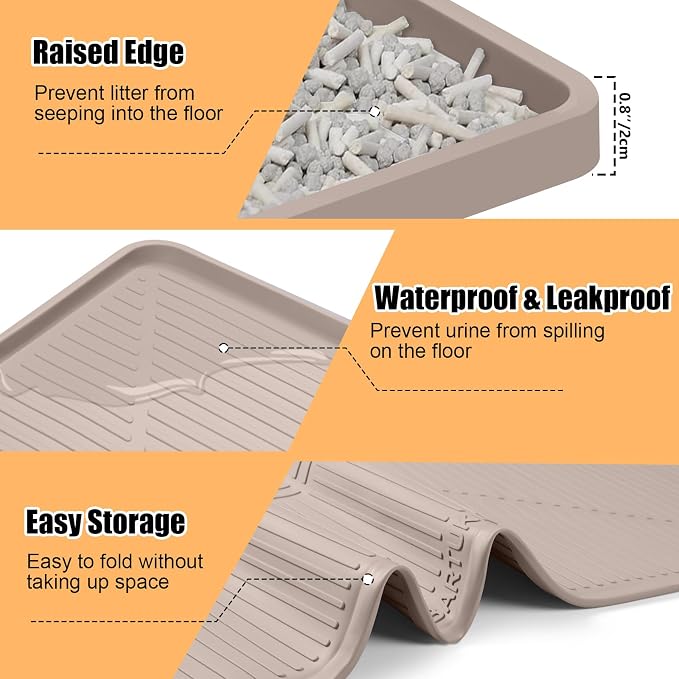 Silicone Cat Litter Mat, 45" x 30" Extra Large Litter Trapping Mat for Litter Box, Leak-Proof, Non-Slip, Kitty Litter Mats with Soft Texture for Floor, Keeping The Floor Clean (Khaki)