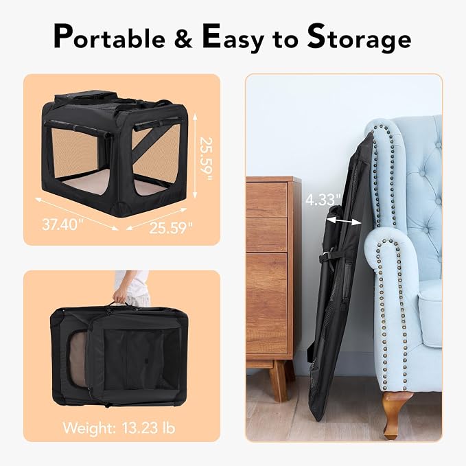 HICC PULE Collapsible Portable Dog Crate, 36 Inch Large Dog Crate Ideal as Travel Dog Crate for Large/Medium Dogs, 3-Door Soft-Sided Pet Kennel for Indoor & Outdoor, Car Trip, Black