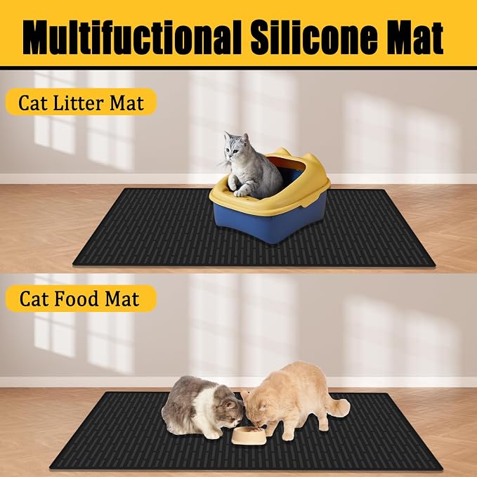 40"x30"(100cmx75cm) Extra Large Silicone Cat Litter Mat, XXL Litter Trapping Mat for Under Litter Box, Non-Slip Waterproof Kitty Litter Catcher, Easy to Clean Mat for Cats, Black