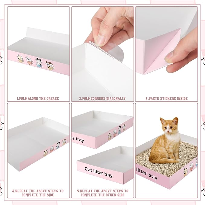 Roshtia 30 Pcs Disposable Cat Litter Box Foldable Paper Kitty Tray 13.8 x 10 x 2 Inch Portable Kitten Pan Low Entry Lightweight Cardboard(Cat Litter Tray,Pink)