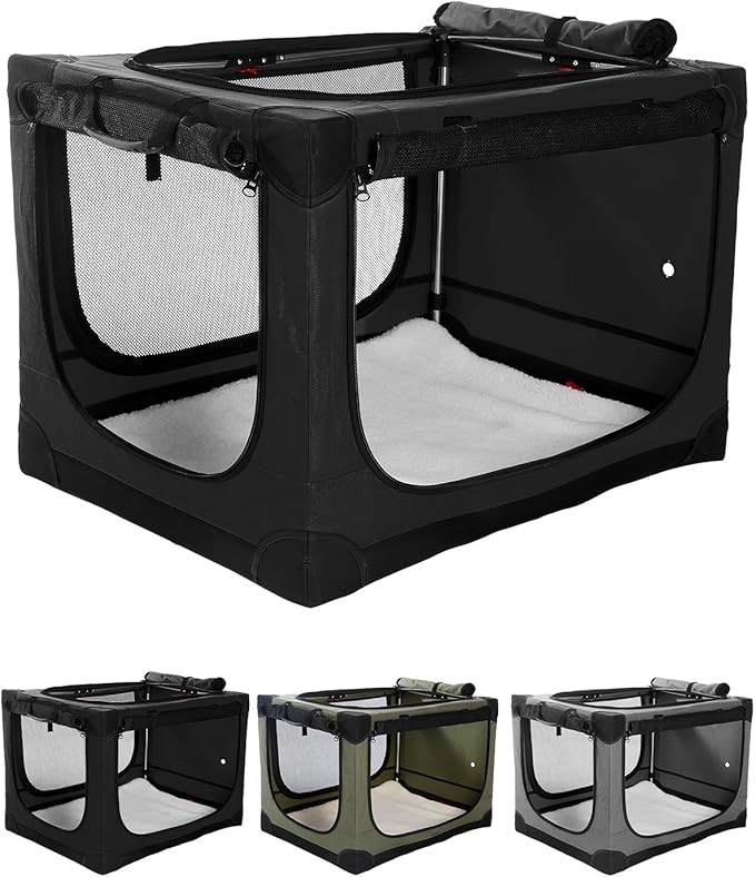 Veraste 33" L x 25" W x 25" H Collapsible Travel Dog Crate, Portable Soft Dog Kennel for Medium Large Dogs up to 60 lbs, 4-Door Foldable Travel Crate with Durable Mesh & Storage Bag, Black