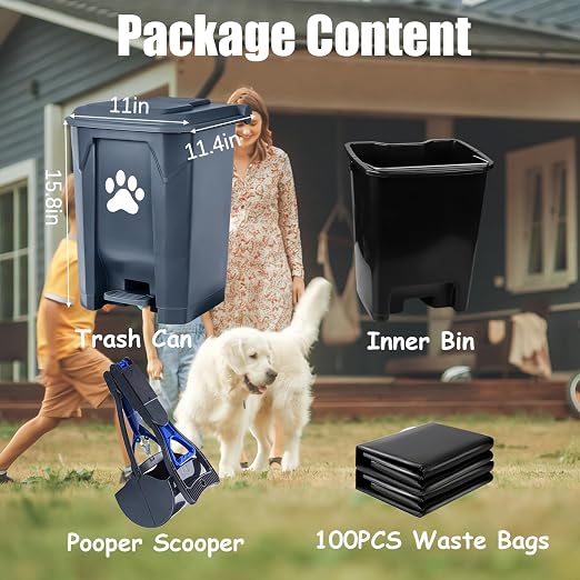 Dog Poop Trash Can Outside with Pooper Scooper, Outdoor Dog Waste Trash Can with Lid Waste Bag Odor Control for Yard Garden, 20L Grey