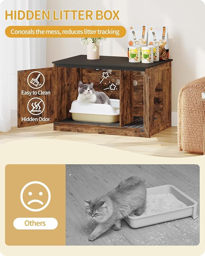 Hzuaneri Cat Litter Box Enclosure with Cushion, Hidden Litter Box Furniture with Removable Dividers, Reversible Entrance Left or Right Side, Cat House, Rustic Brown and Black CB84601X