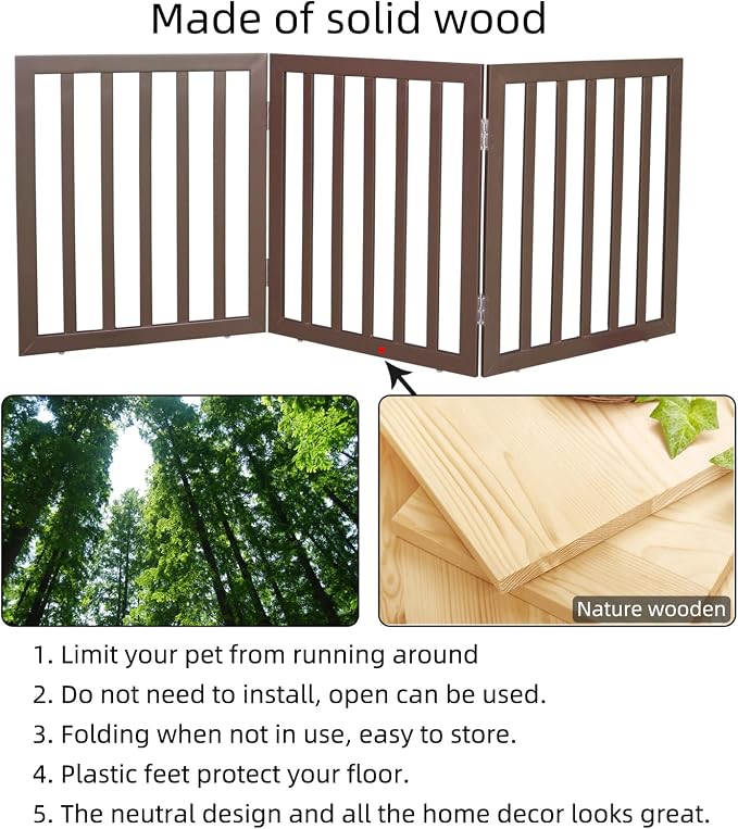 Dog Gate Indoor, Freestanding Dog Fence for The House, Doorways, Hallways,or Stairs,Pet Gate Foldable Wooden,Expandable 24" Height 3 Panels,Brown
