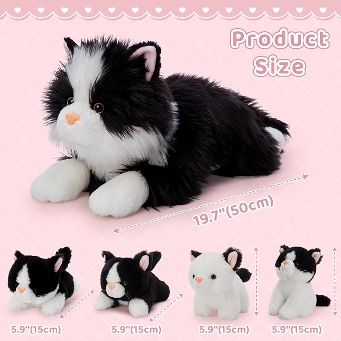 Tezituor 5Pcs Cat Stuffed Animals Set, 20 inch Large Realistic Stuffed Cat with 4 Cute Kittens Baby, Soft Black and White Ragdoll Plush Body Pillow for Boys Girls