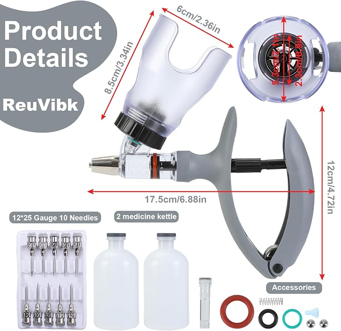 5ML Livestock Syringe Gun, Automatic Self Refill Injection Gun Continuous Adjustable Bottle Attachment Livestock Animal Syringe with 10 Needles, for Chicken, Duck, Pig, Sheep, Cow Poultry (Grey)