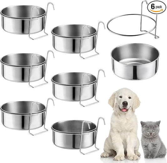 mumufy 6 Pieces Stainless Steel Hanging Water Bowls with Holder Detached Anti Spill Pet Metal Bowl Cage Kennel Crate Food Bowl(16 x 6 cm)