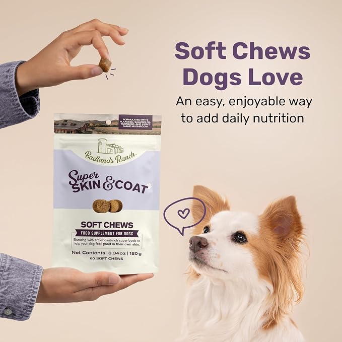 Badlands Ranch Super Skin & Coat Soft Chews for Dogs – Antioxidant-Rich Superfoods with Flaxseed, Salmon Oil, Turmeric & Lion’s Mane Mushroom – 60 Soft Chews