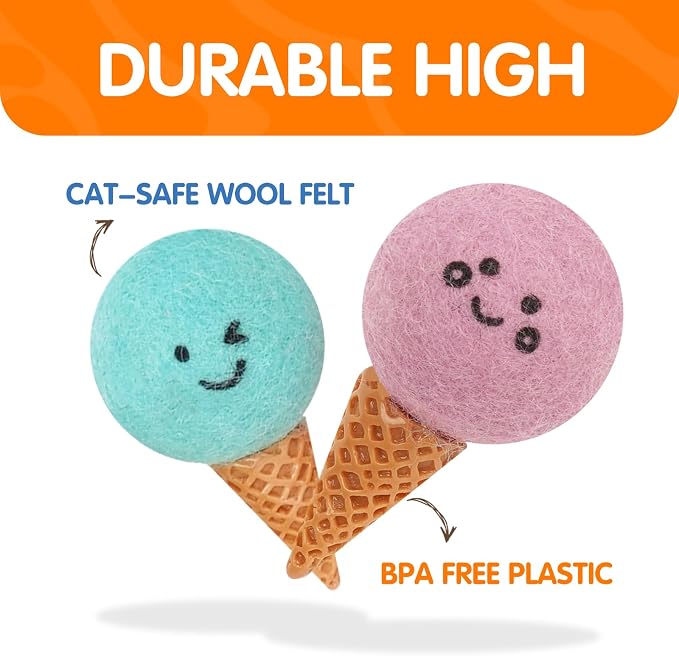 Ice Cream Cone Cat Toys 9PCS Set, Felt Ball Cat Toys with Cute Expressions, Interactive Kitten Toys for Indoor Cats, Soft Bite & Chase Toys with Catnip, 1.4 Inch Balls with Storage Box