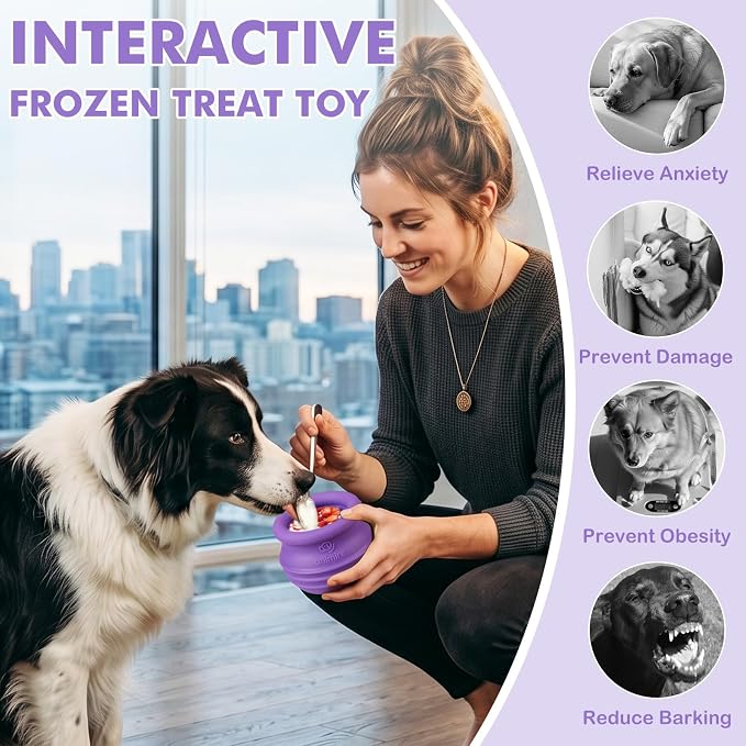 Treat Dispensing Dog Toy, Long-Lasting Interactive Puzzle Toys for Dogs, Stuffable Dog Enrichment Frozen Lick Treat Toy for Boredom, BPA Free Silicone Fetch Catch Chew Toy (Purple,L)