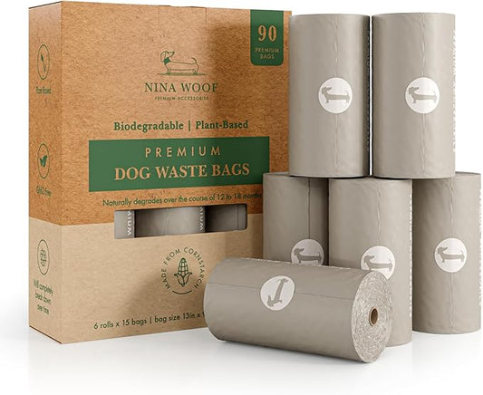 NINA WOOF Dog Poop Bags Rolls - 90 Compostable & Biodegradable for Puppy Walks, Travel, Thick Refill Housebreaking dog poo bags Premium Cornstarch Pet Poo Bags Dogs
